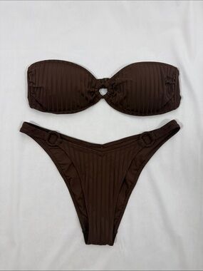 aerie Brown Ribbed Strapless Bandeau Bikini Set with Ring Details